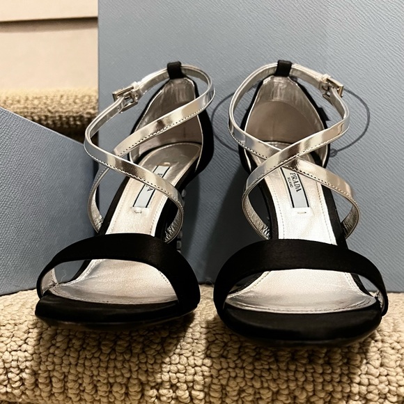 Prada Black Silver Satin Leather Diamond Jeweled CrissCross Ankle Strap Sandals - Picture 3 of 12
